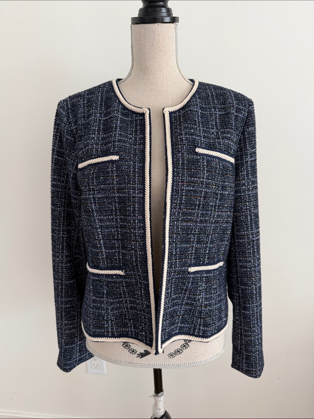 Nanette Lepore Navy Tweed Collarless Jacket with Cream Trim